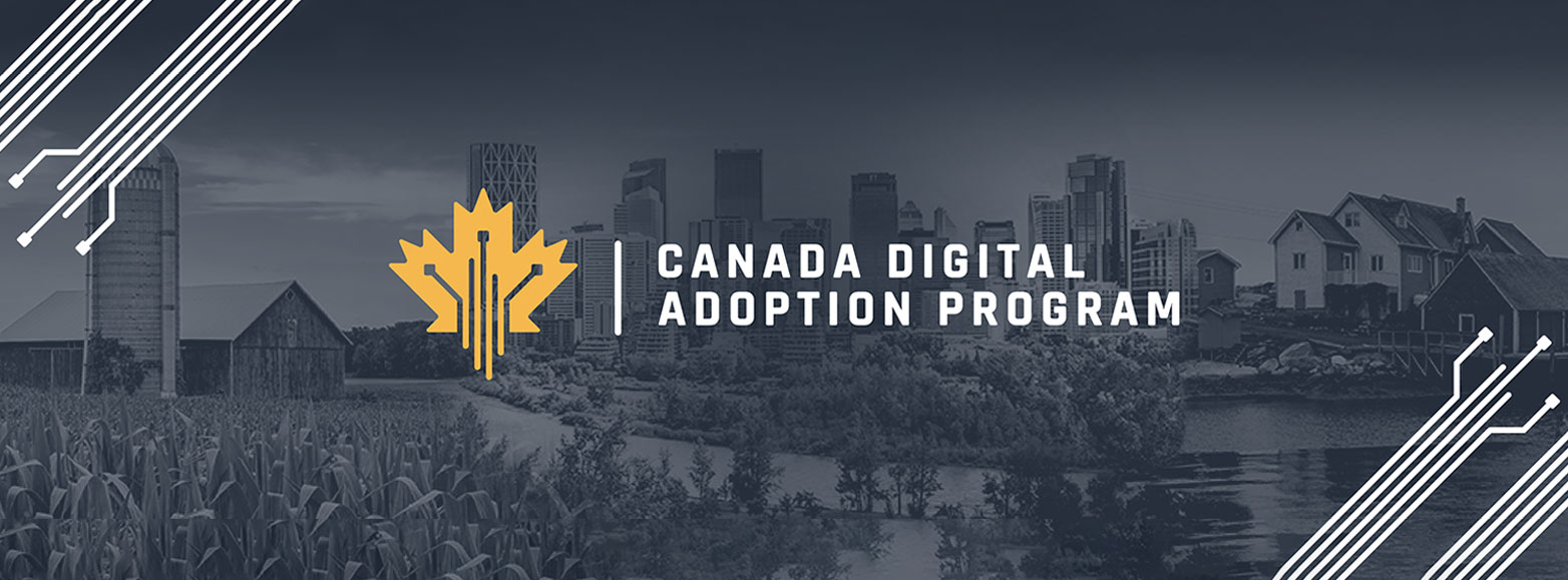 Dark gray Image of acity with the words Canada Digital Adoption Program in White